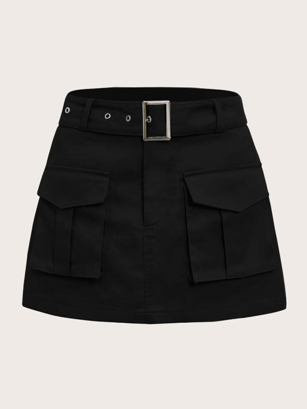 Black Casual Women's Grunge Flap Pocket Buckle Belted Cargo Skirt
